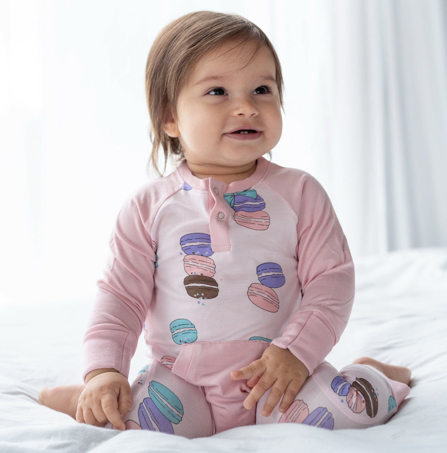 bamboo long sleeve romper macaron party print