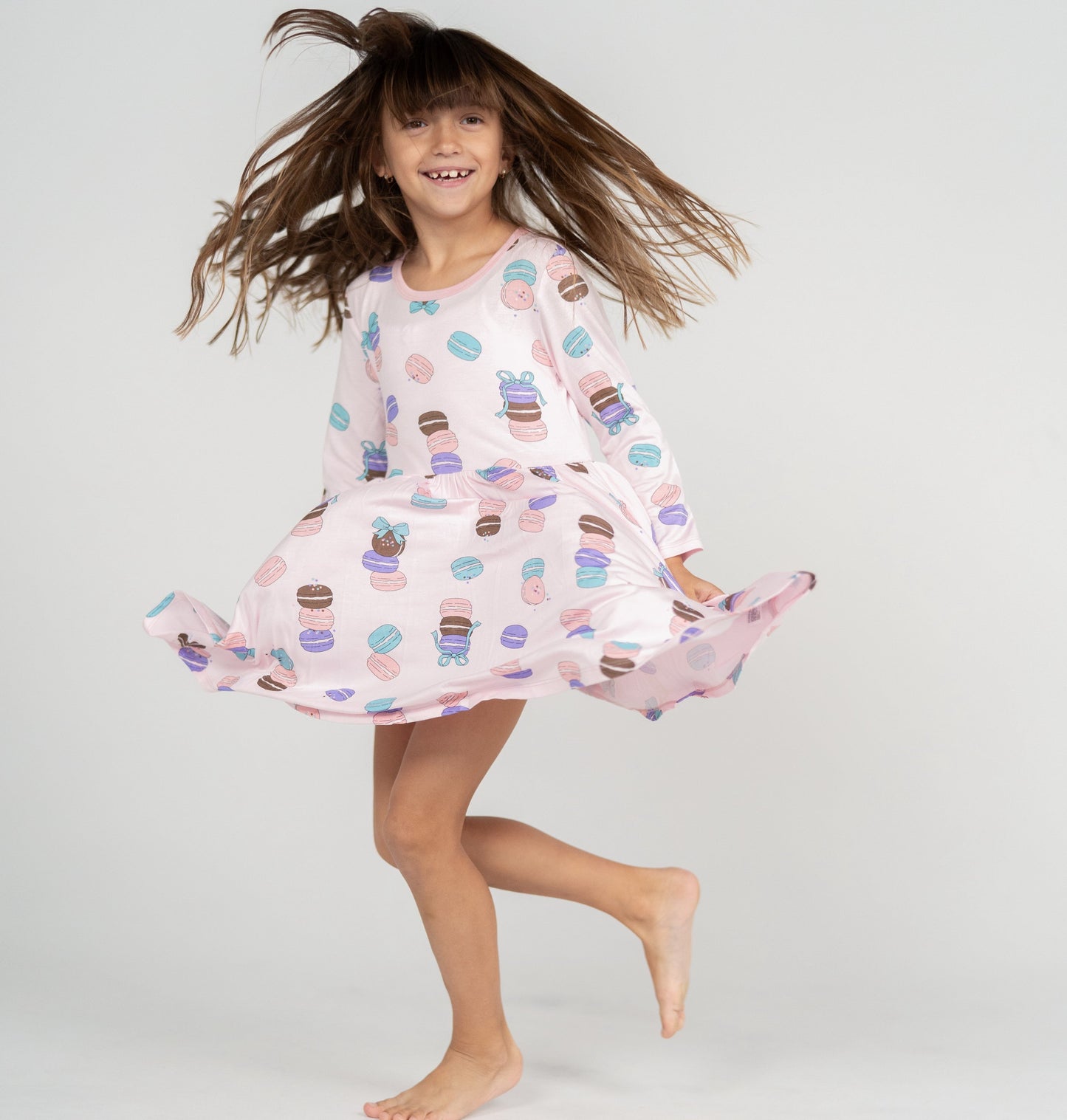 bamboo long sleeve twirl dress macaron party print