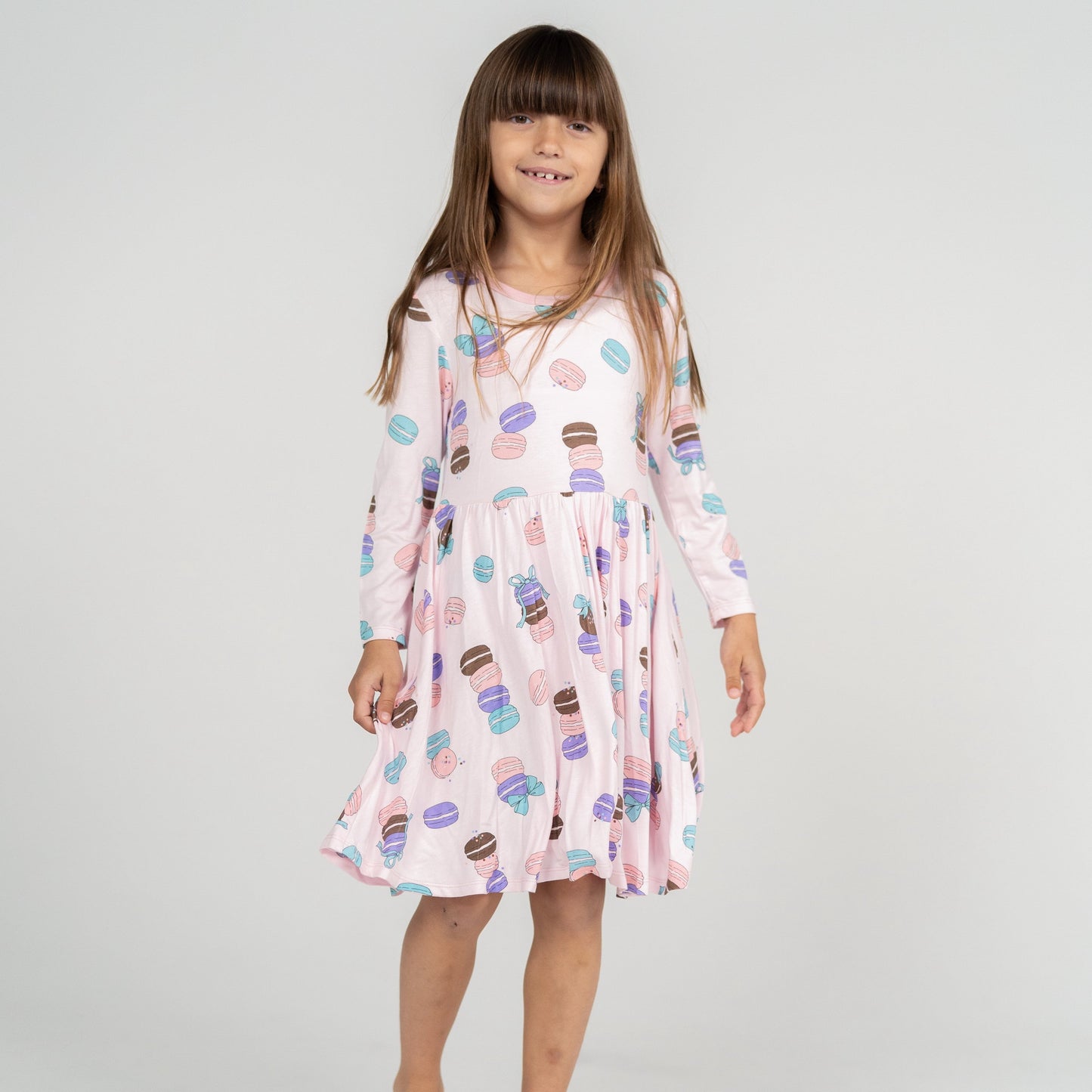 bamboo long sleeve twirl dress macaron party print