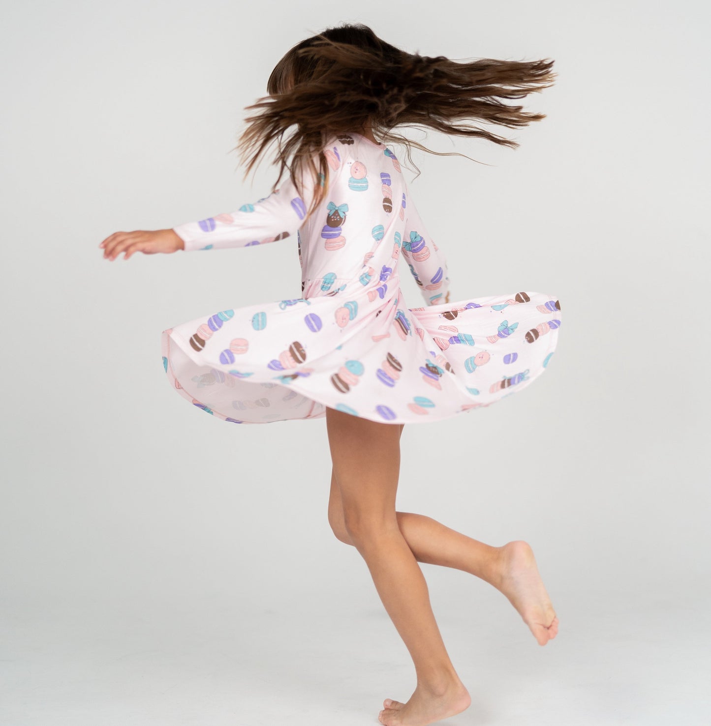 bamboo long sleeve twirl dress macaron party print
