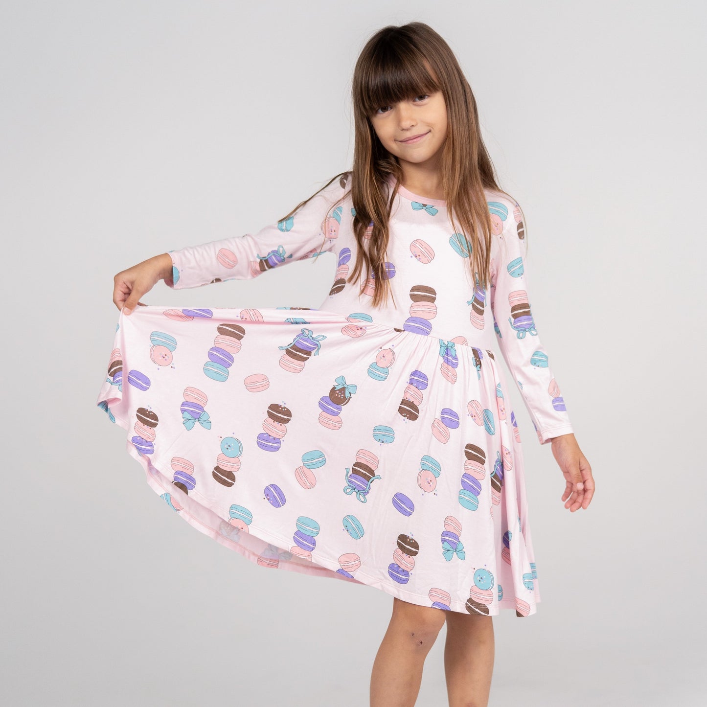 bamboo long sleeve twirl dress macaron party print
