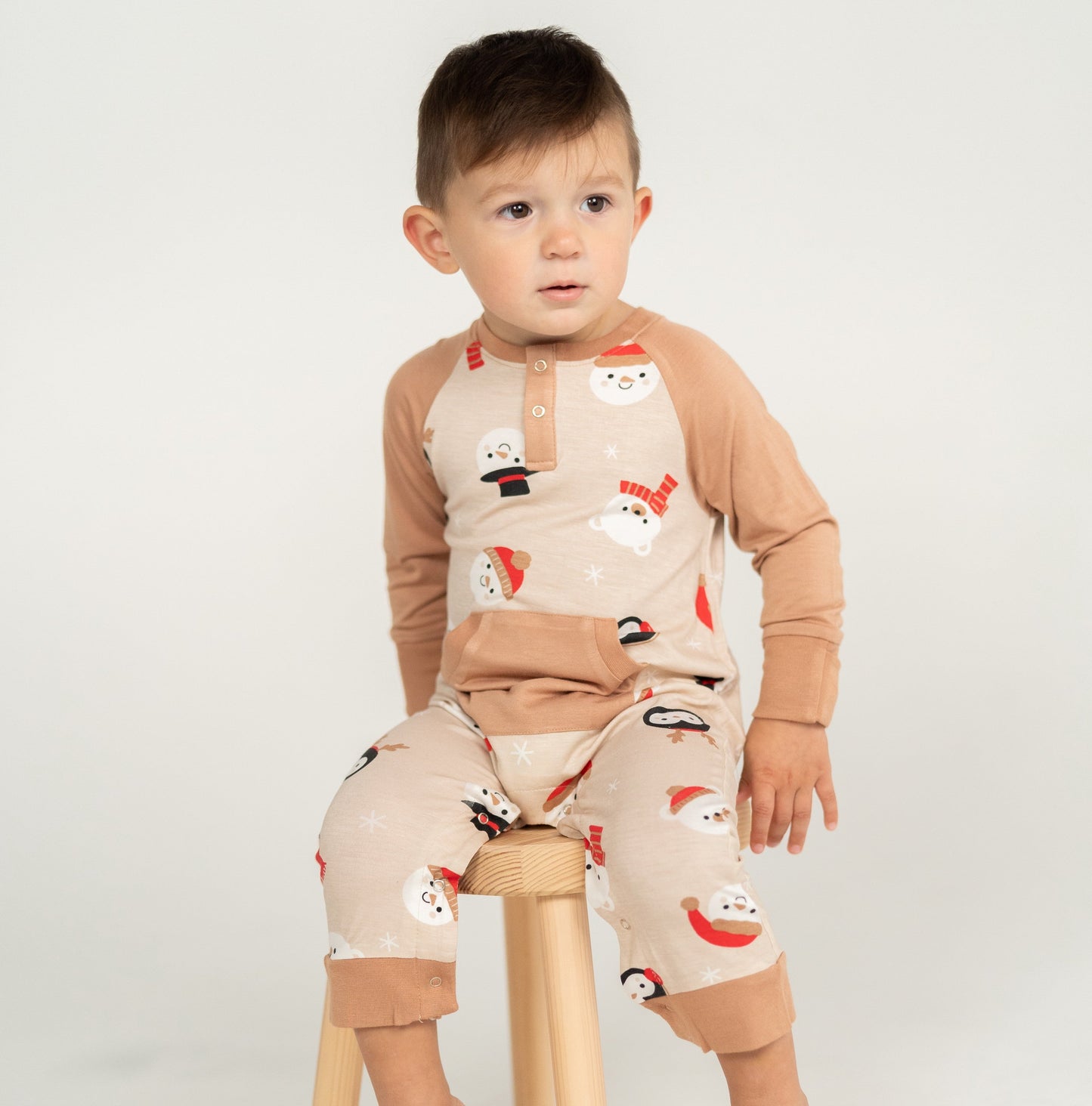 bamboo long sleeve romper snowy faces print