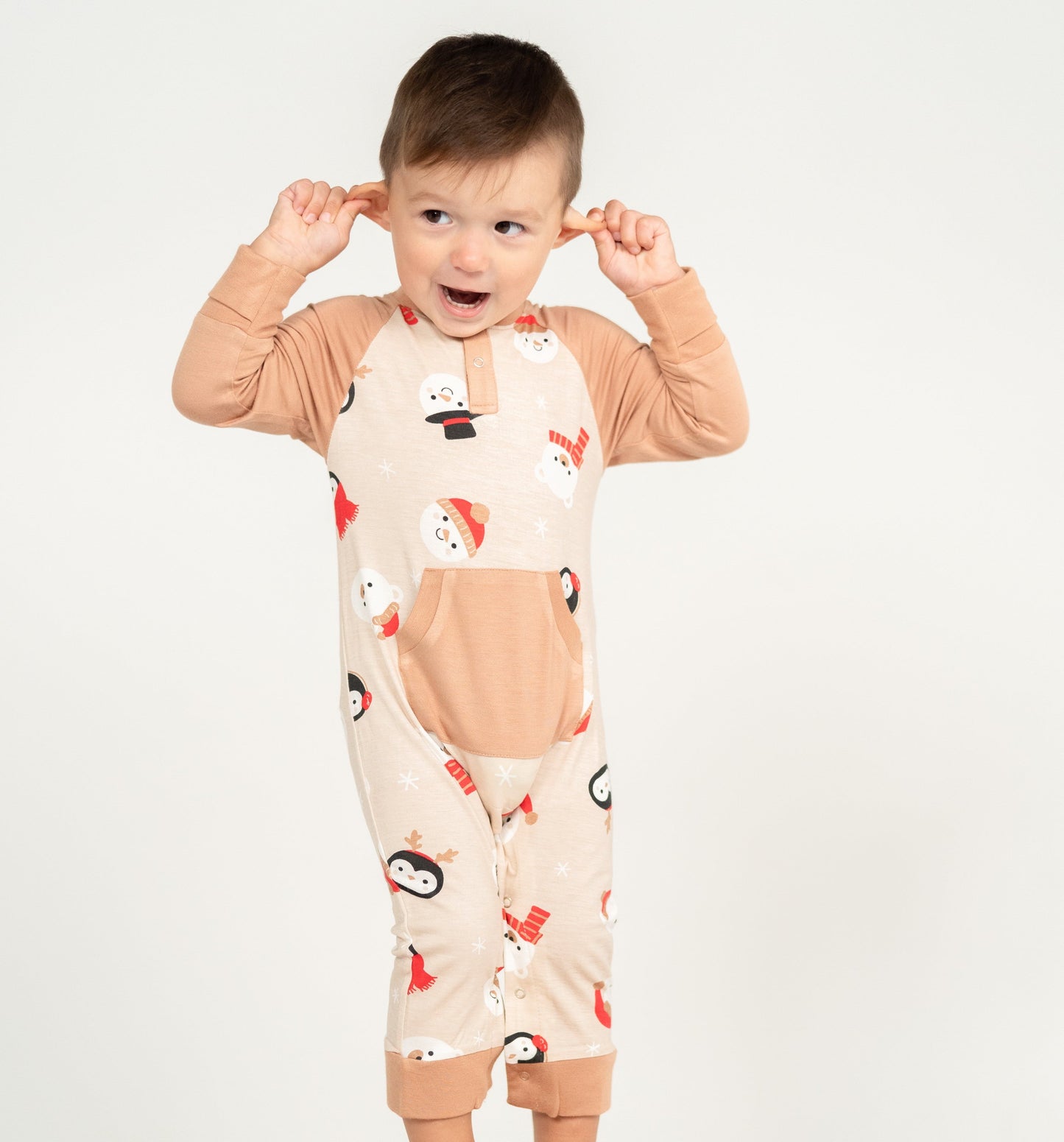 bamboo long sleeve romper snowy faces print