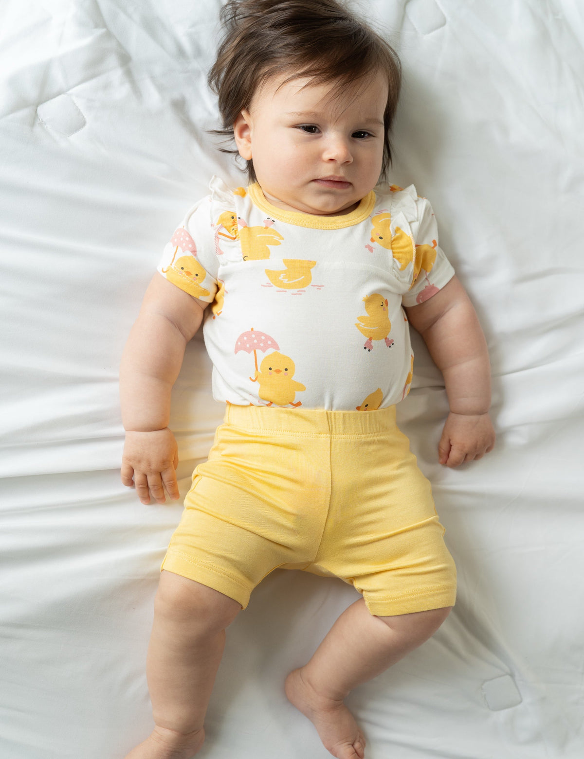 bamboo ruffle short sleeve onesie & knee length legging set little chick print