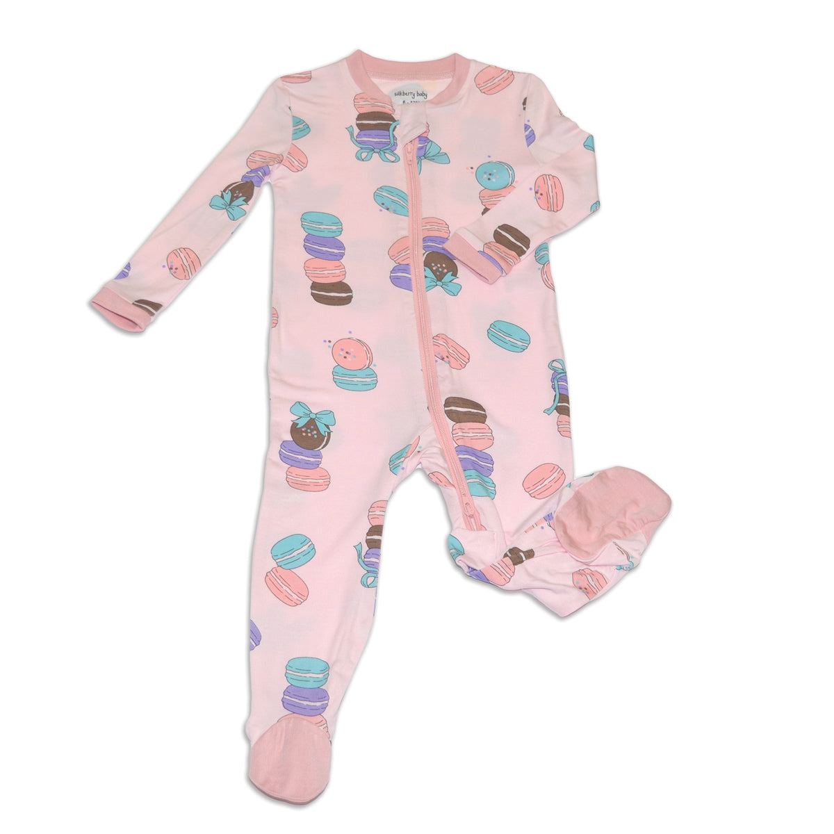 bamboo footies with two way zipper macaron party print