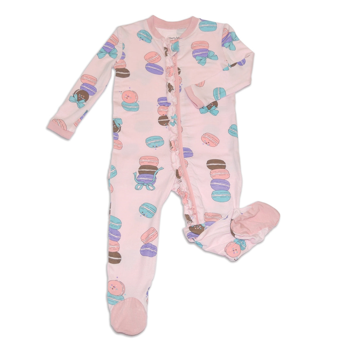 bamboo ruffle footies with two way zipper macaron party print