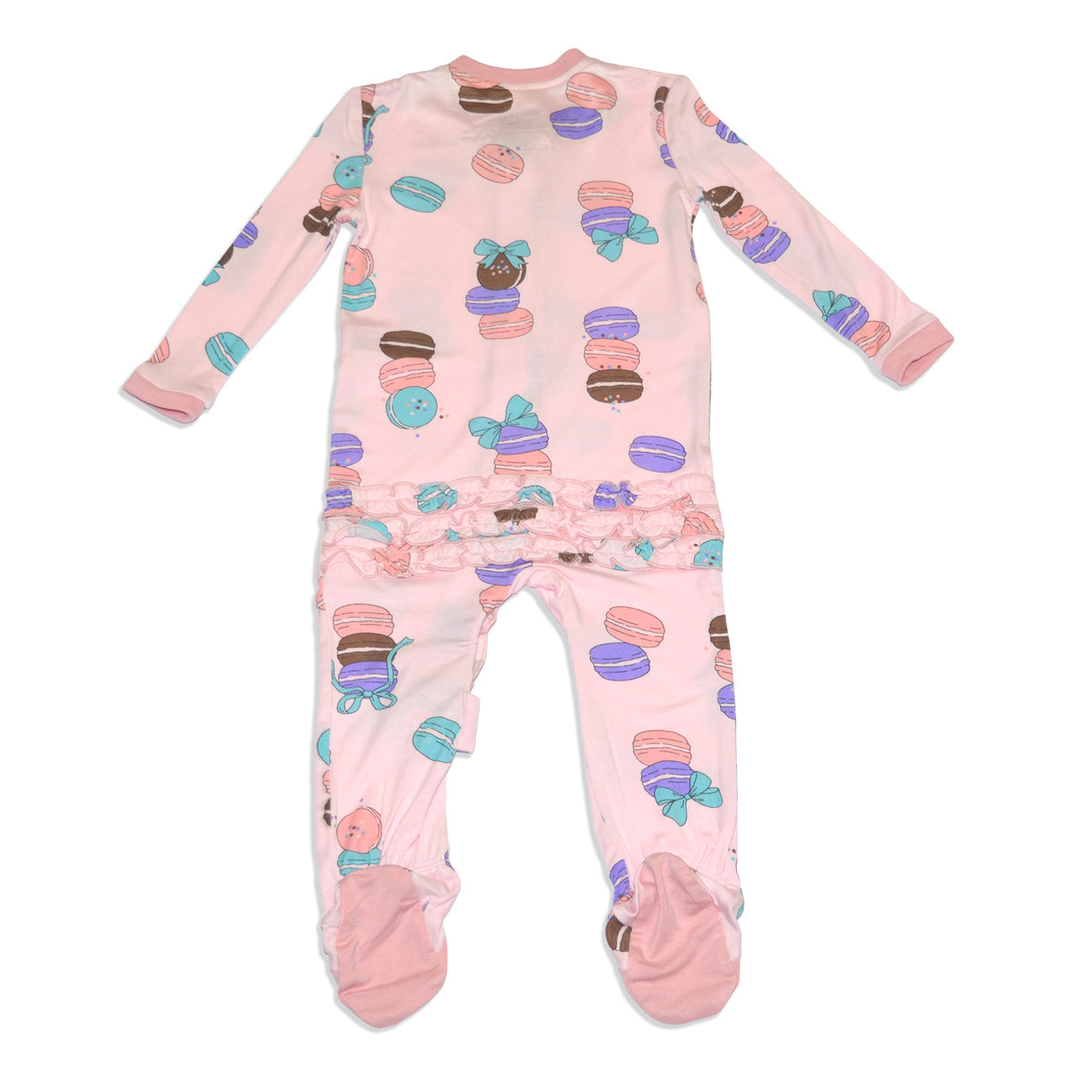 bamboo ruffle footies with two way zipper macaron party print