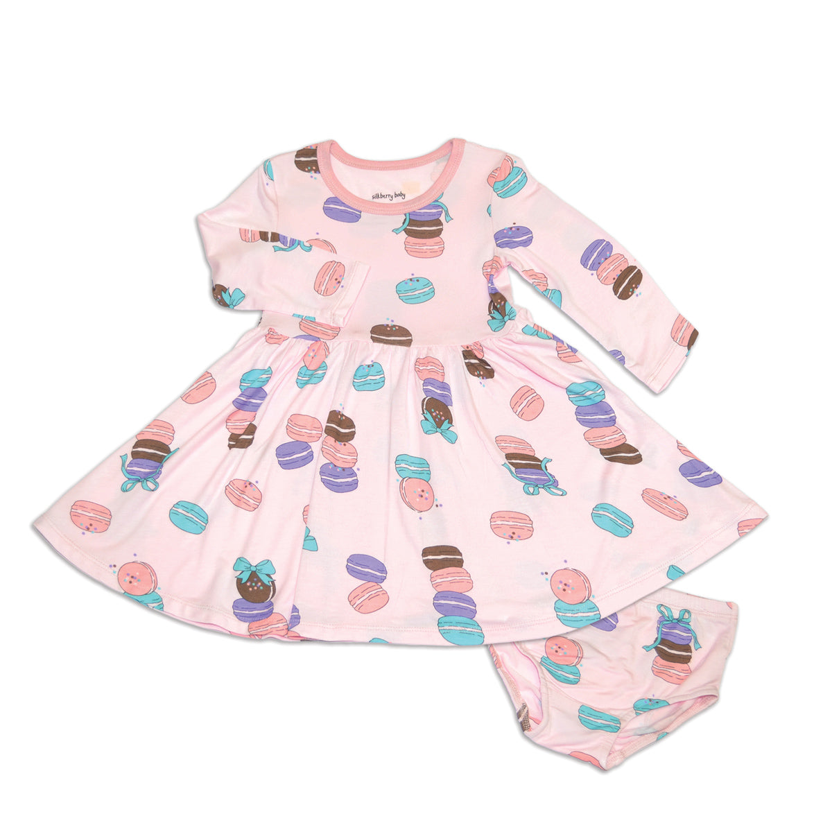 bamboo long sleeve twirl dress macaron party print