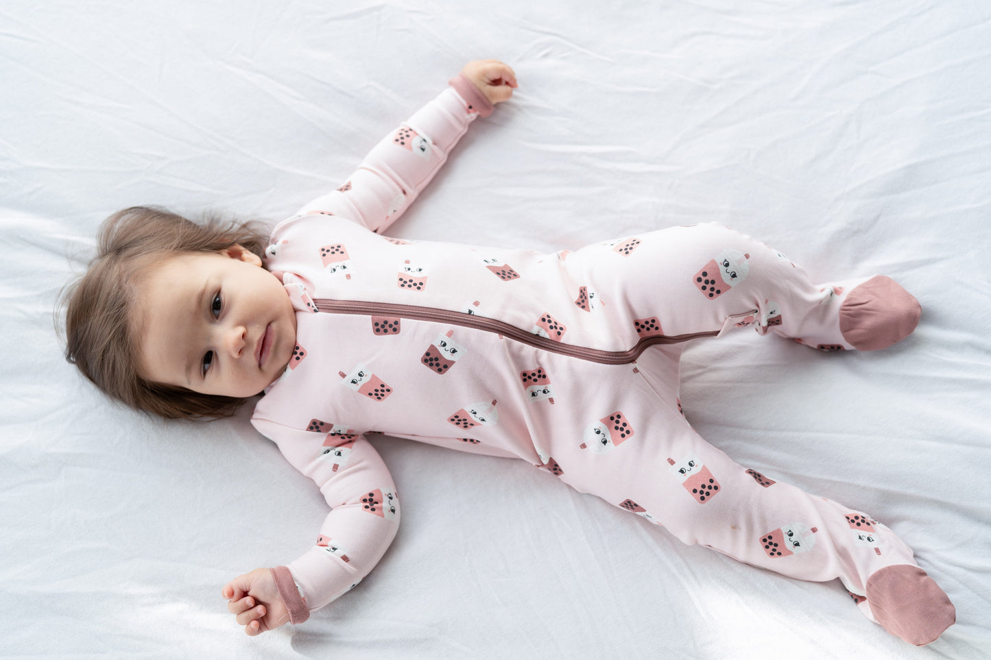 bamboo fleece footies with two way zipper bubble tea time print