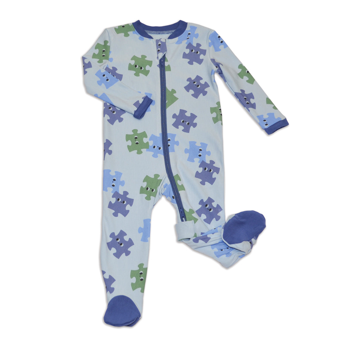 bamboo fleece footies with two way zipper puzzle pals print