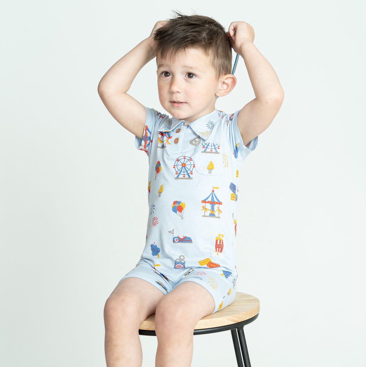 bamboo short sleeve polo romper funland print