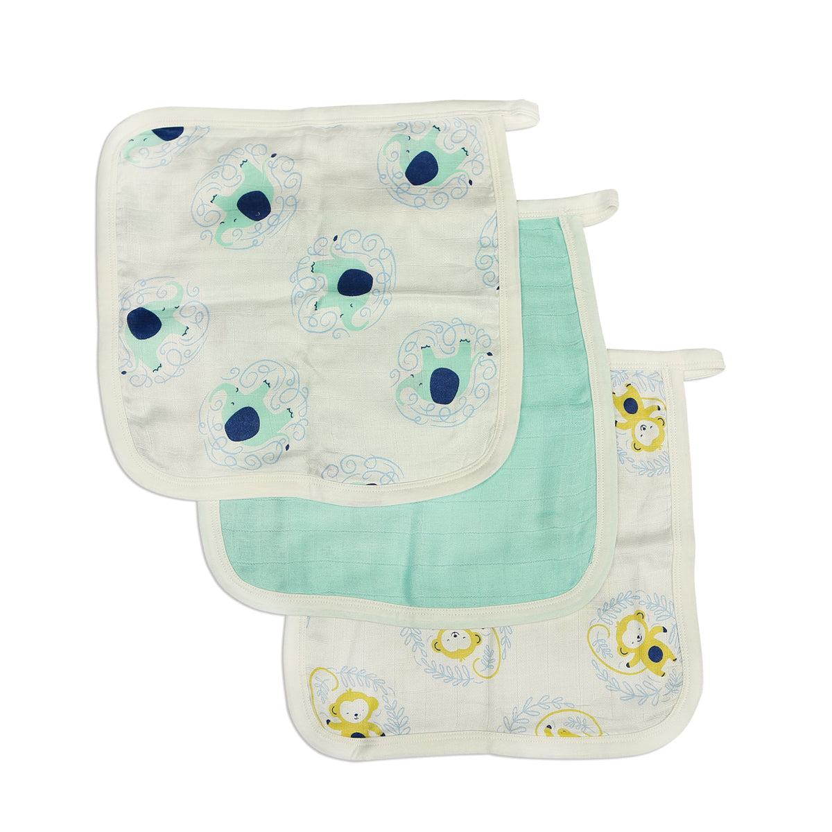 Bamboo Muslin Washcloth Set (3 pack) - Elephant Print, Tropical Mint and Monkey Print