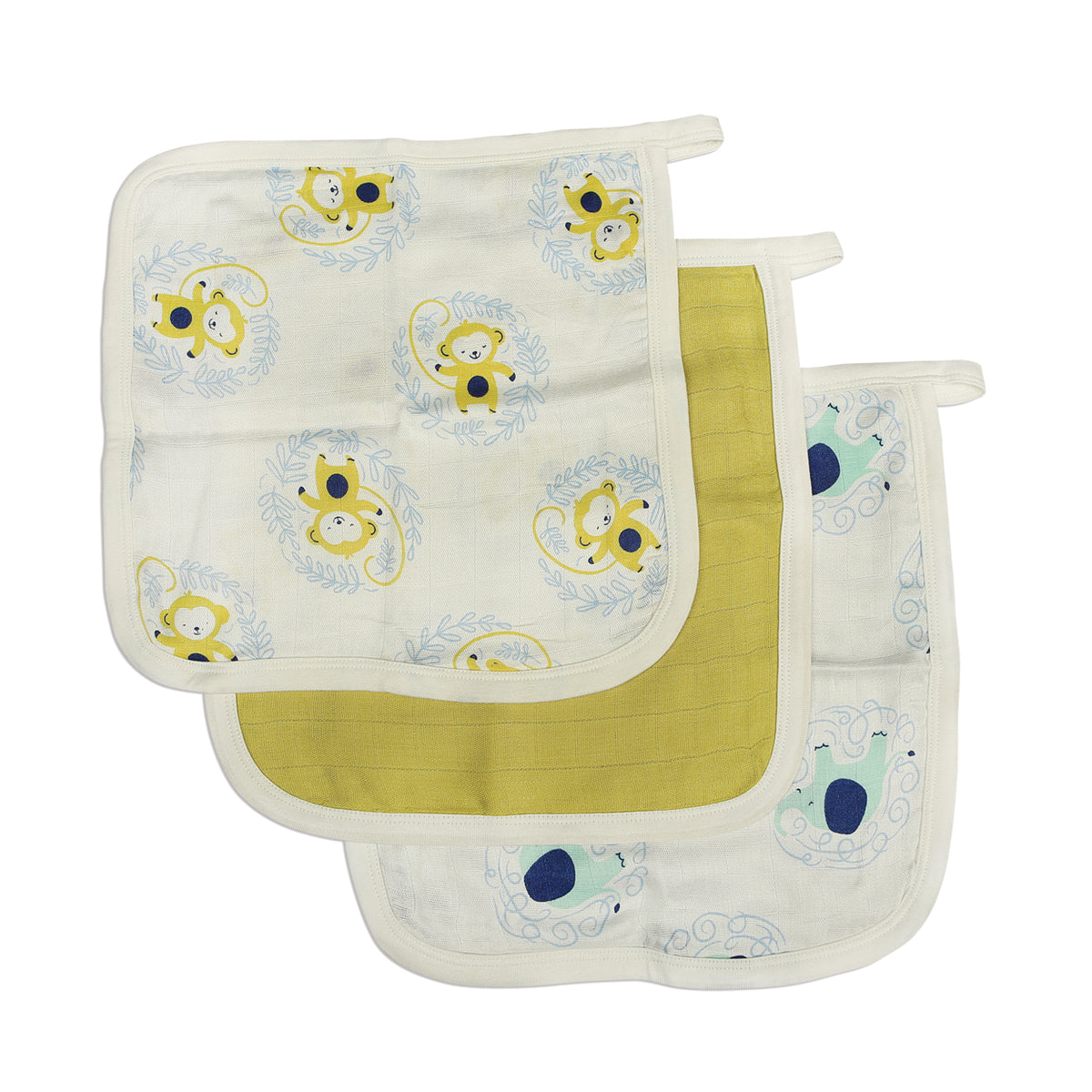 Bamboo Muslin Washcloth Set (3 pack) - Monkey Print, Pear and Elephant Print
