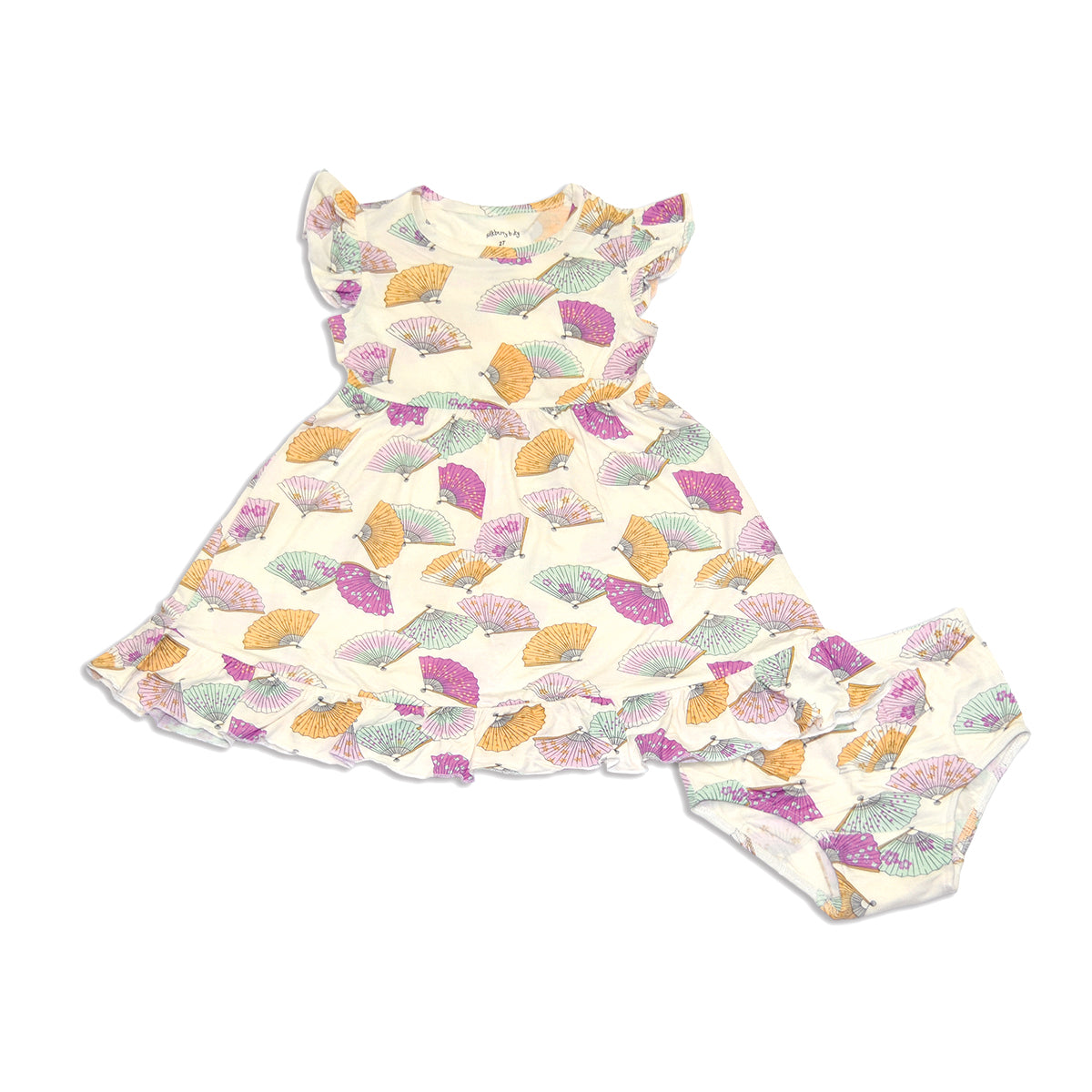 bamboo ruffle dress fancy fan print