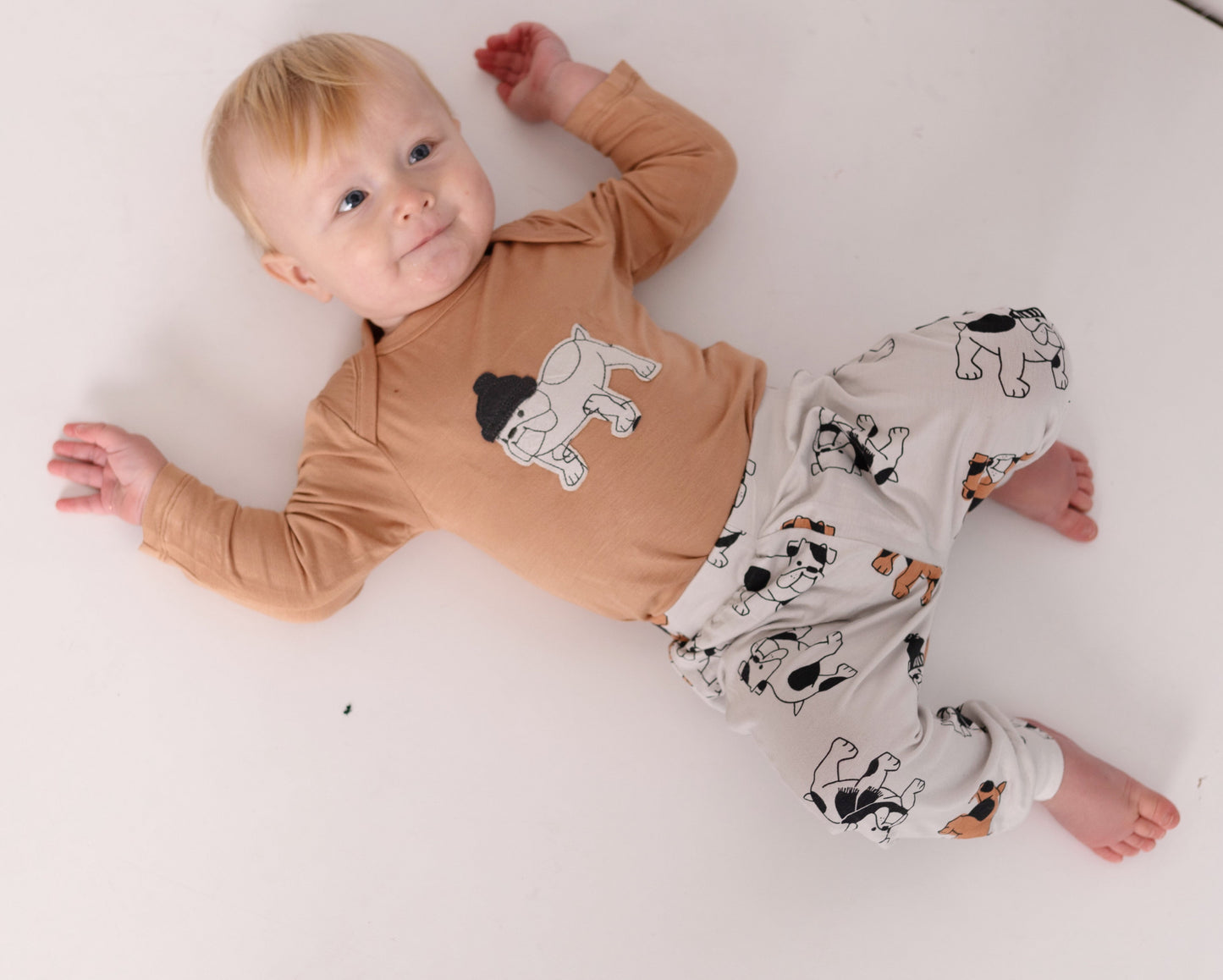bamboo harem pants cozy bulldog print lifestyle