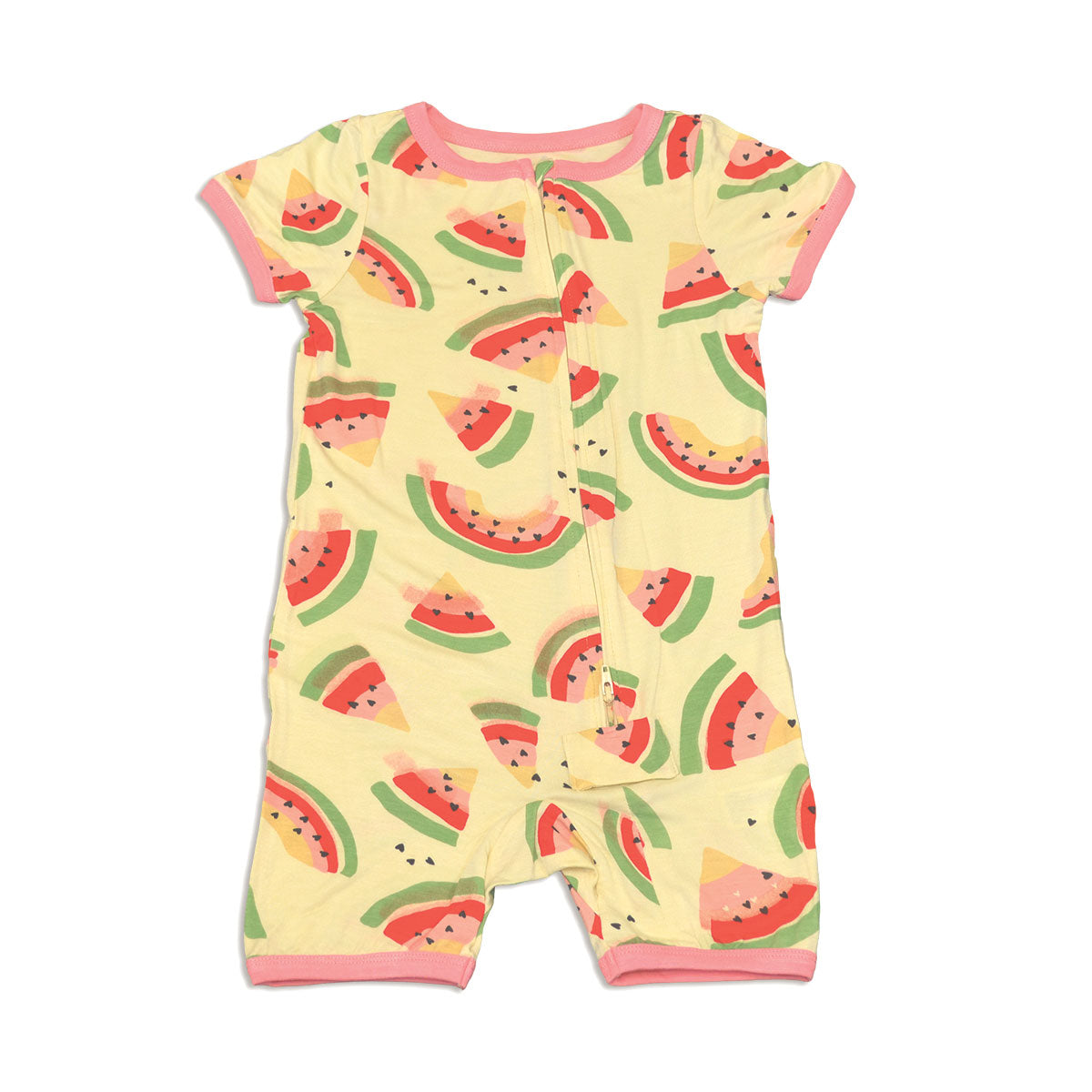 bamboo short sleeve zippy romper watermelon rainbow print