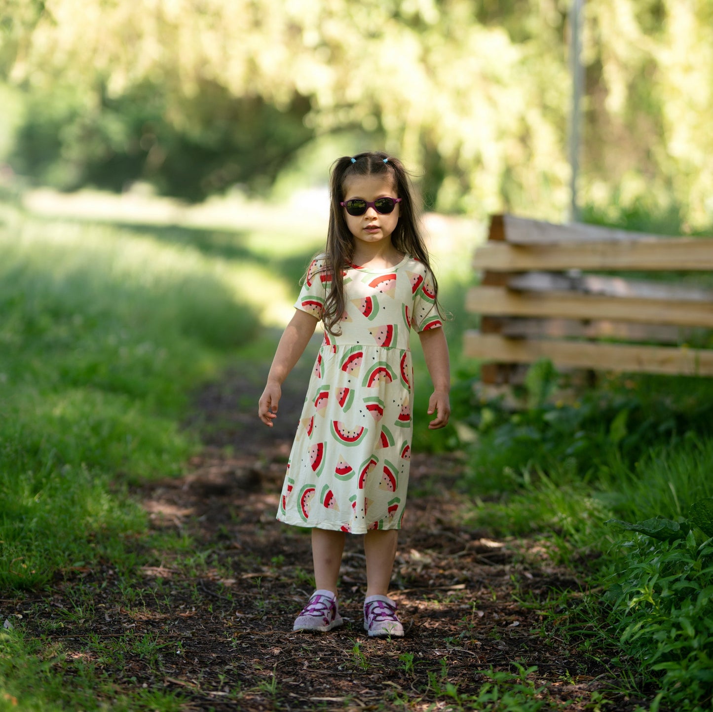 bamboo twirl dress watermelon rainbow print
