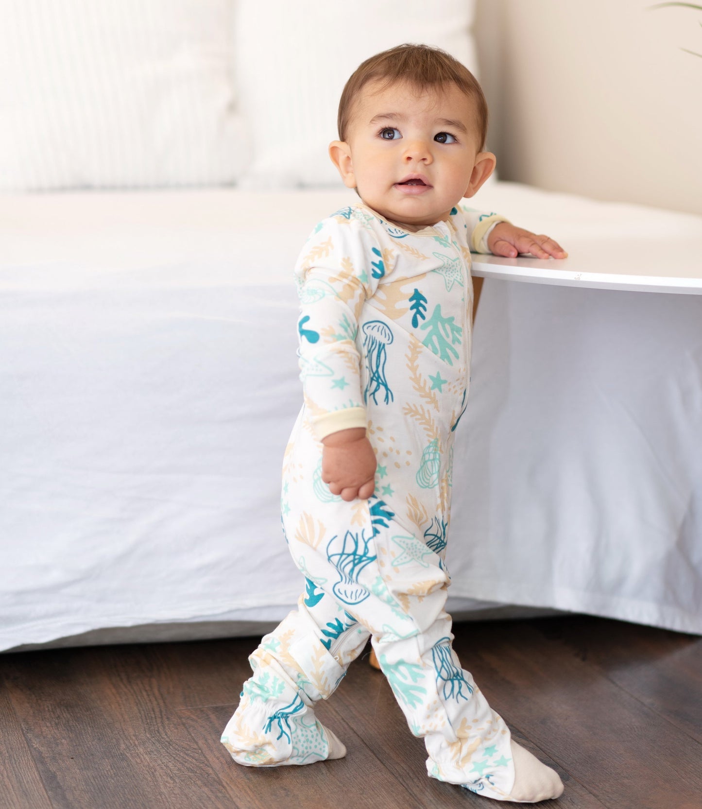 bamboo zip up footies reef print