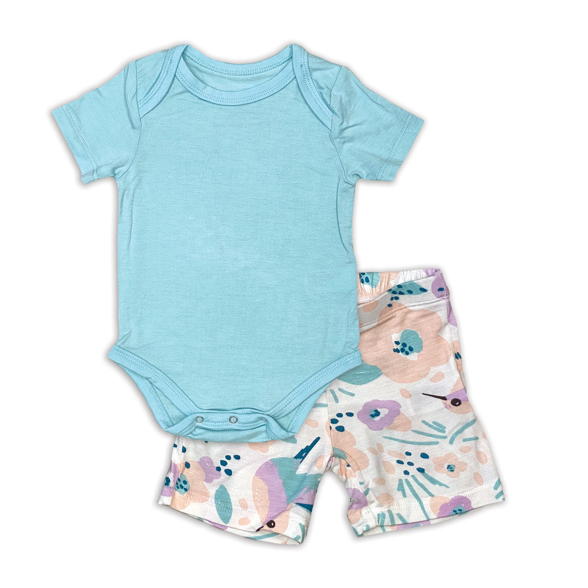 bamboo short sleeve onesie & short set cotton candy hummingbird garden print