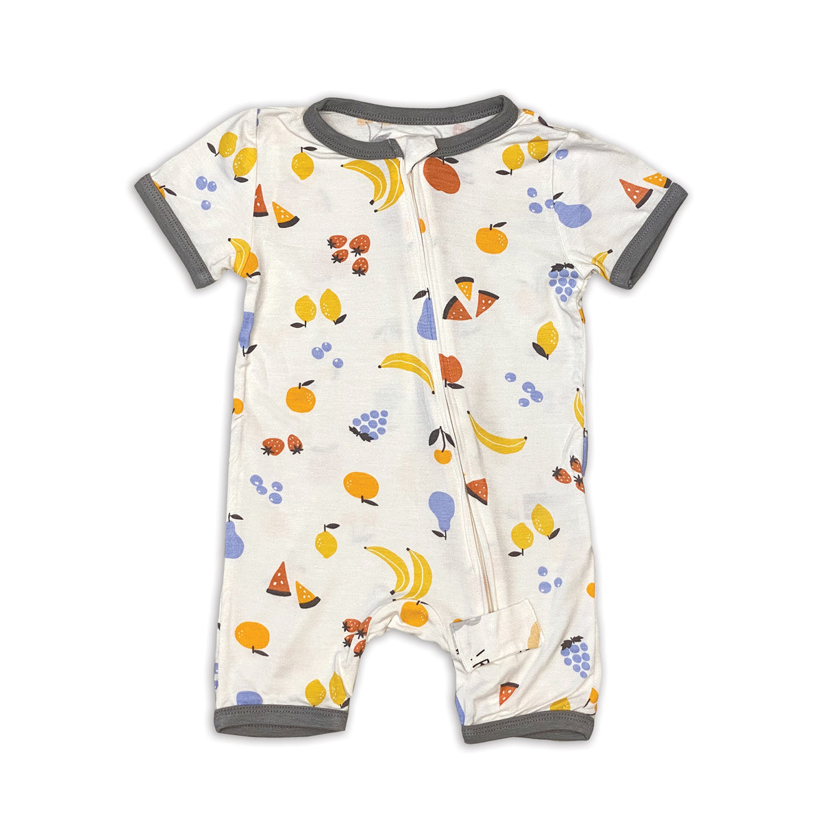 bamboo zippy romper fruit salad print