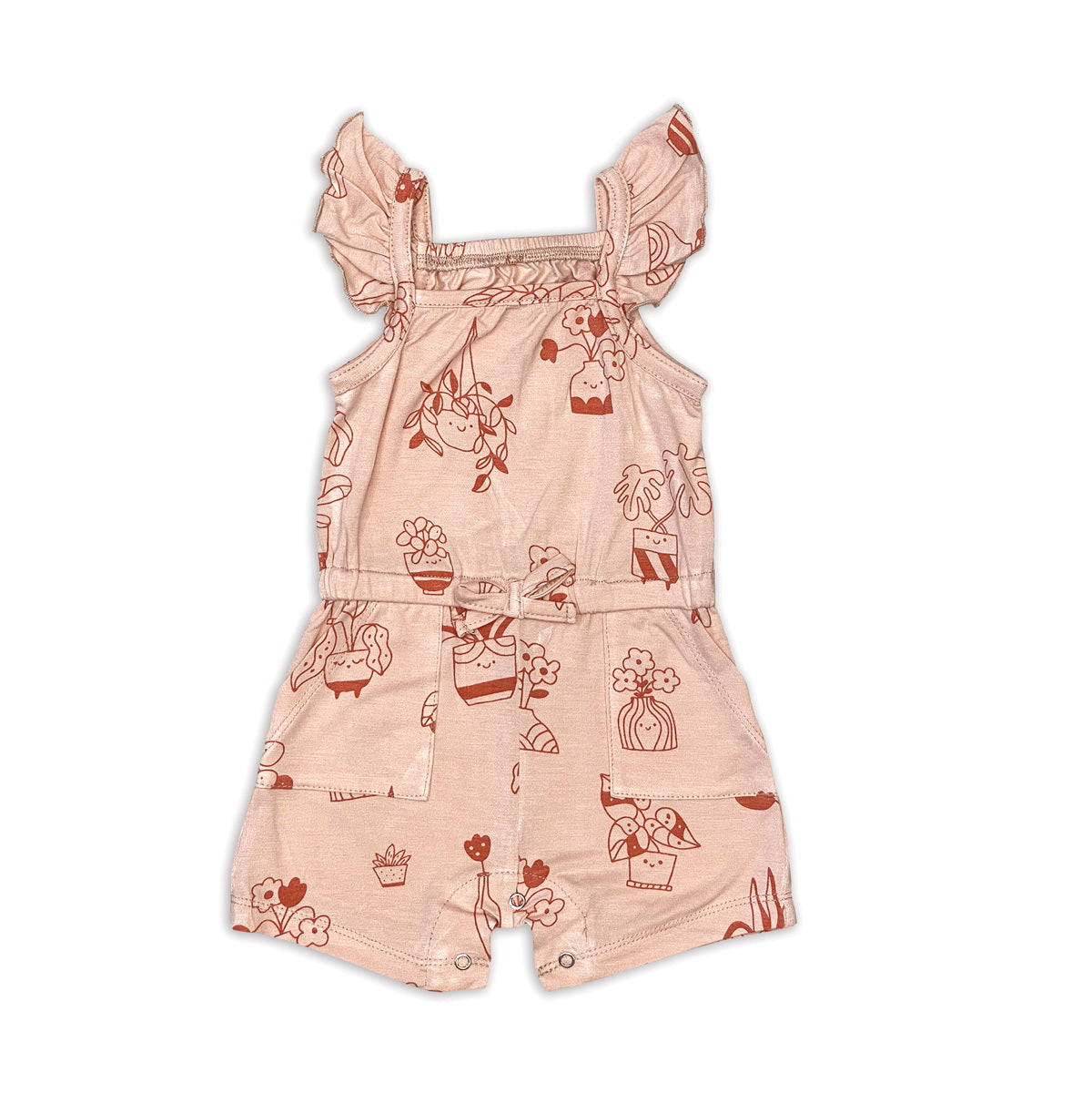 bamboo sleeveless ruffle romper plantastic print