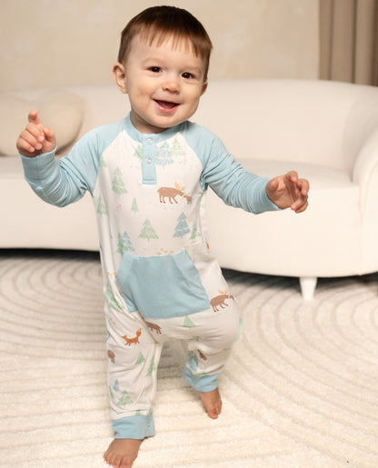 Bamboo L/S Romper w/Kangaroo pkt (Moose Woods Print)