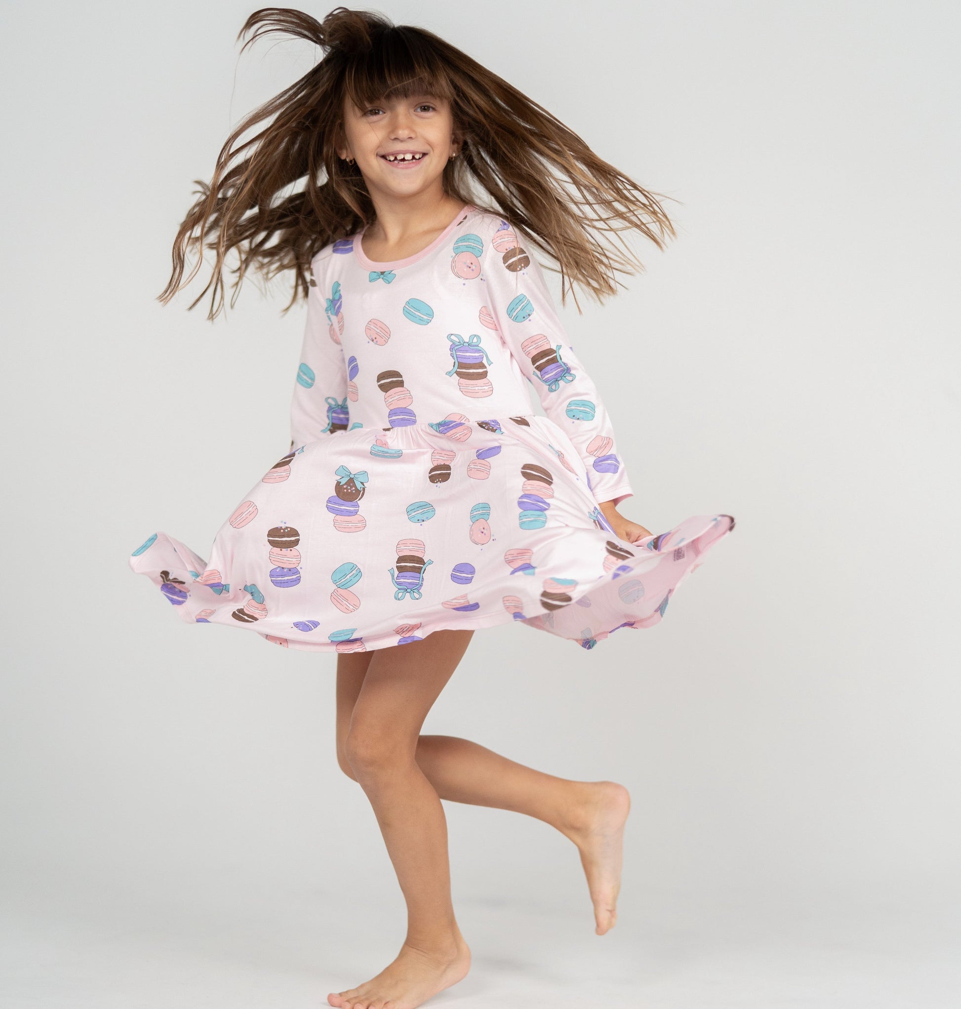 bamboo long sleeve twirl dress macaron party print