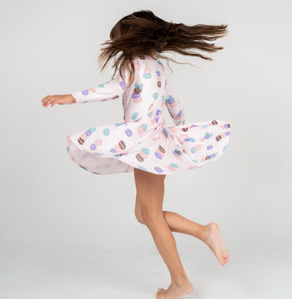 bamboo long sleeve twirl dress macaron party print