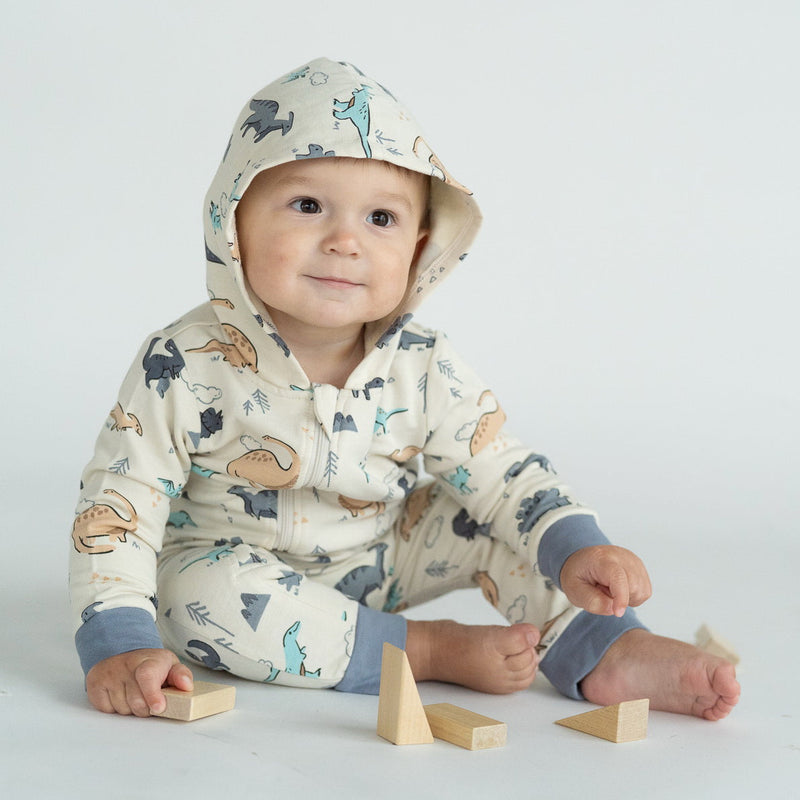 Bamboo Fleece Hooded Romper w/2 Way Zipper (Dino Delight Print)