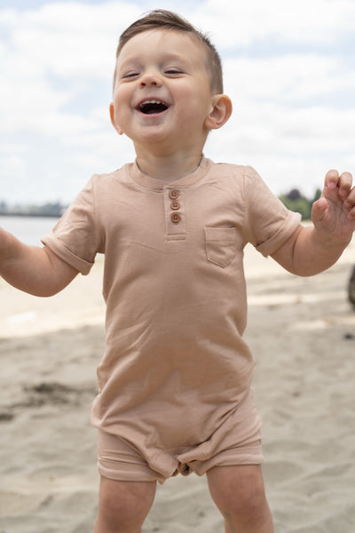 bamboo short sleeve romper with buttons maple sugar