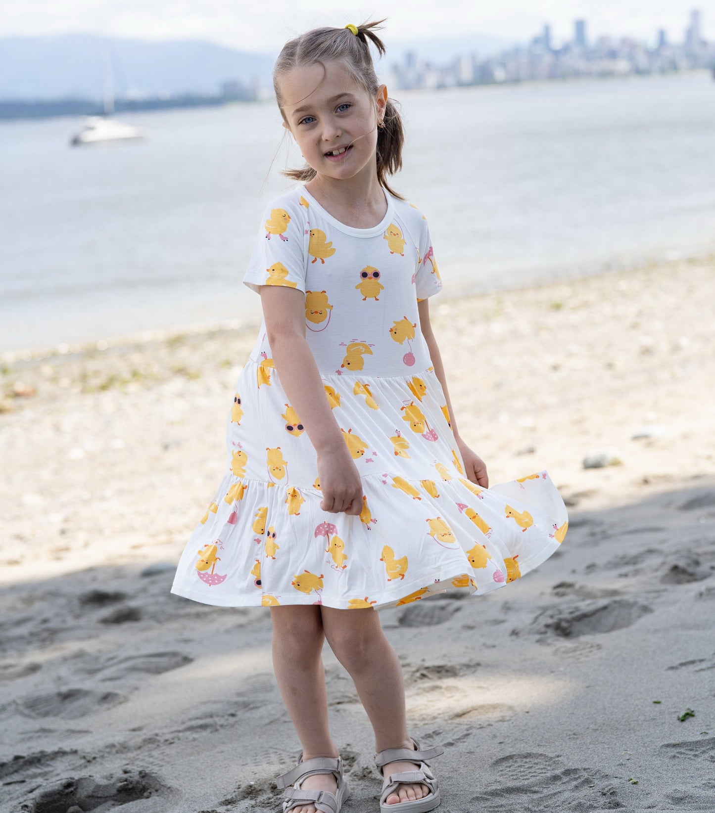 bamboo tiered jersey dress little chick print