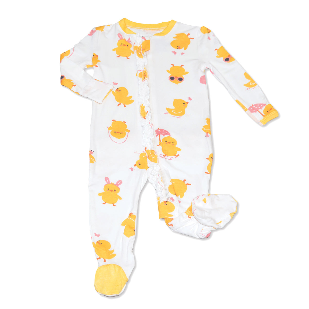 Bamboo Ruffle Footies with Two Way Zipper (Little Chick Print)