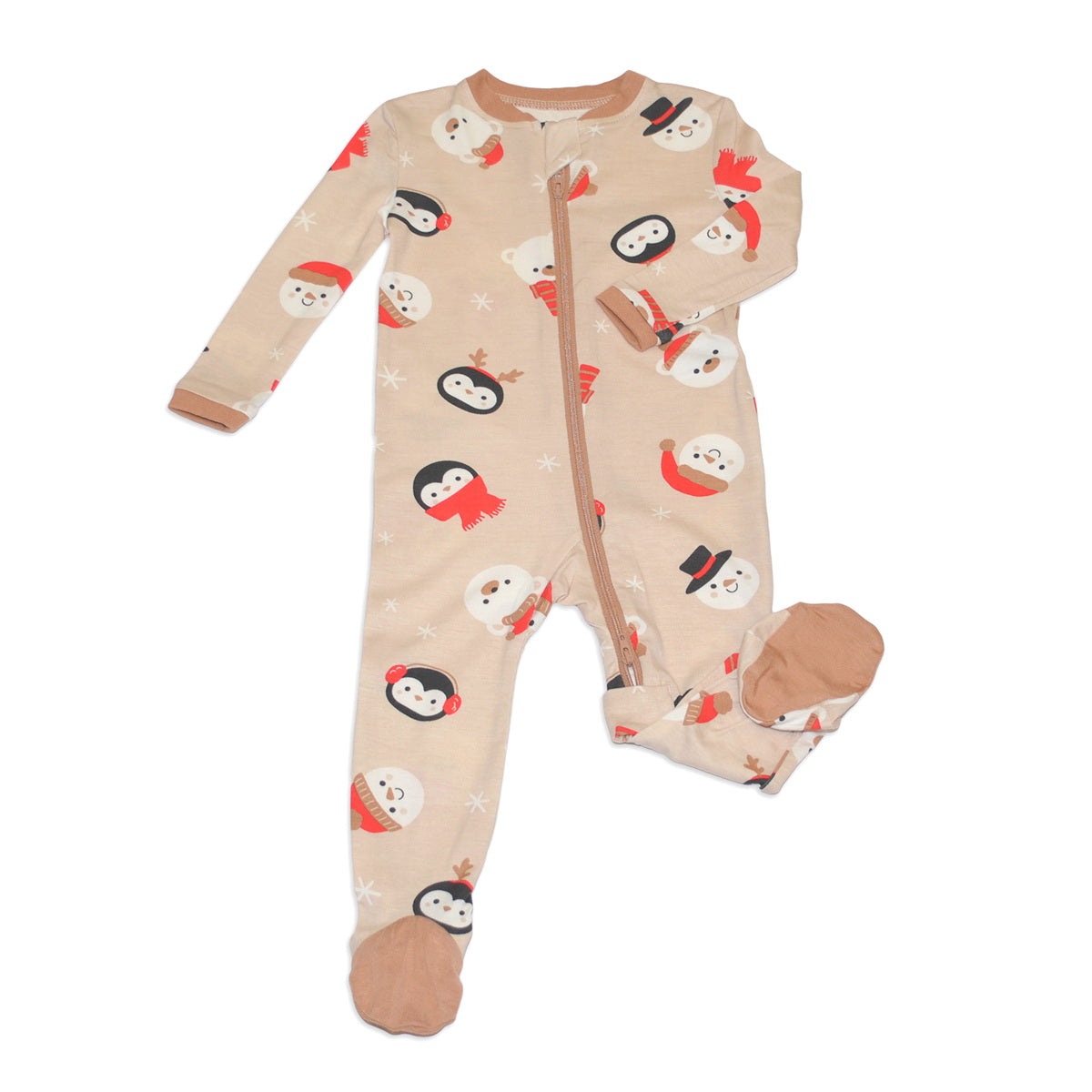 bamboo footies with two way zipper snow faces print