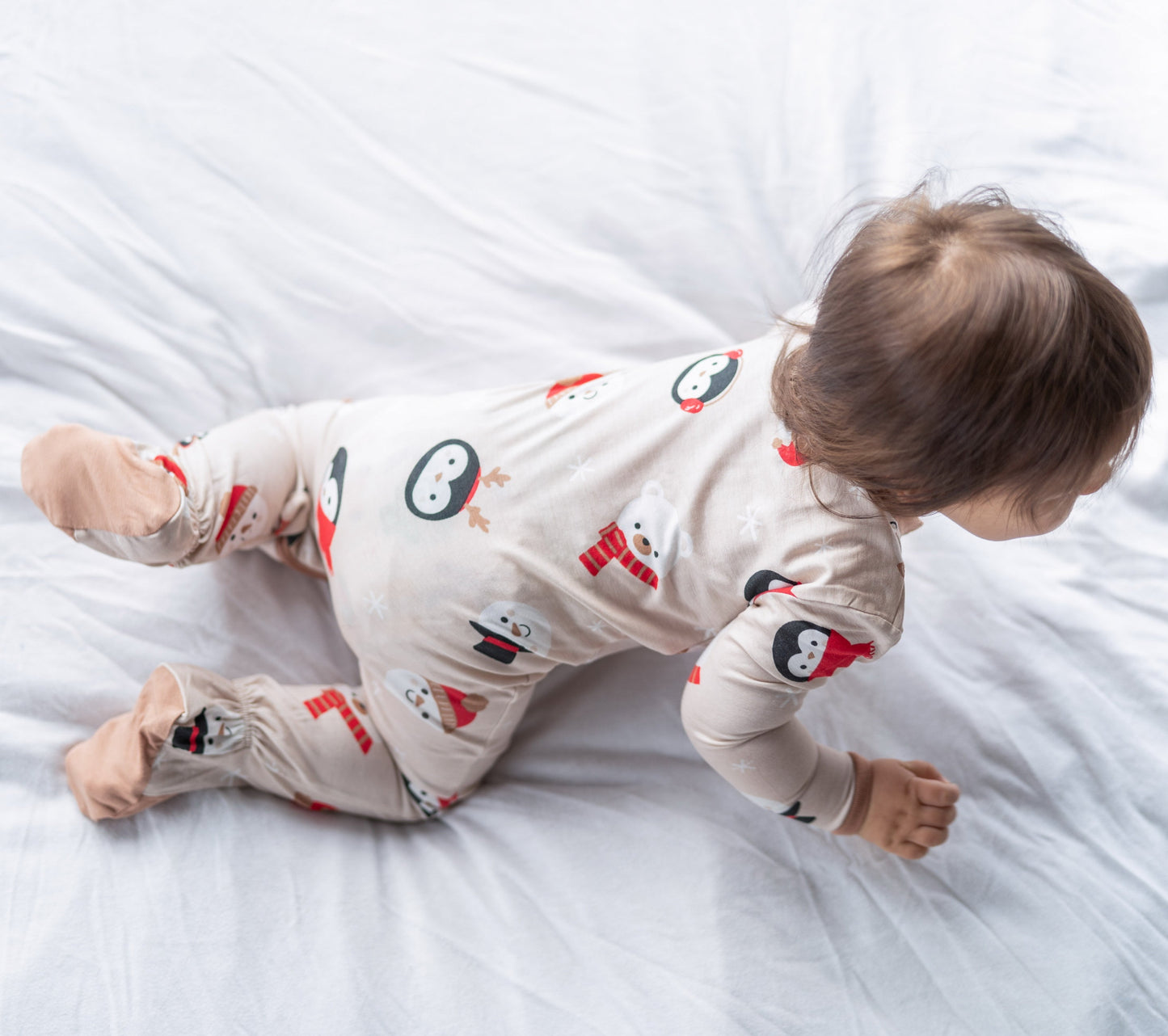 bamboo footies with two way zipper snow faces print