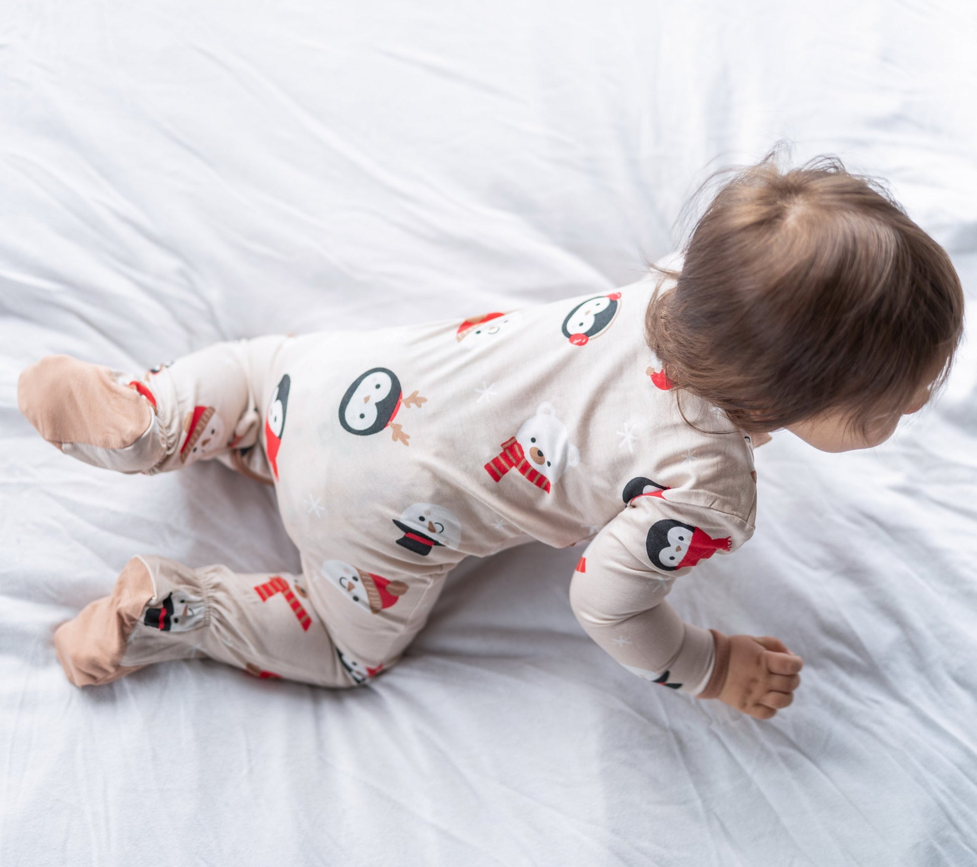 bamboo footies with two way zipper snow faces print