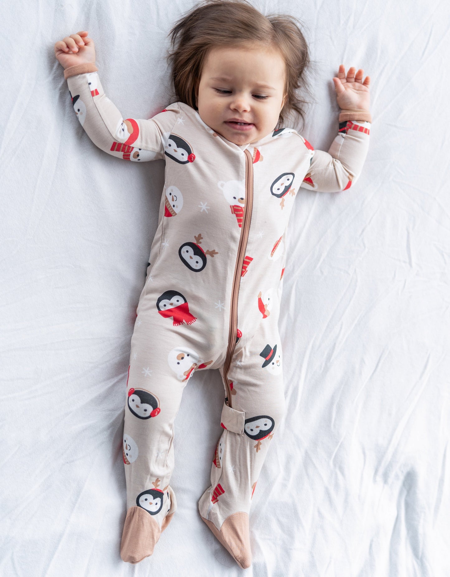 bamboo footies with two way zipper snow faces print