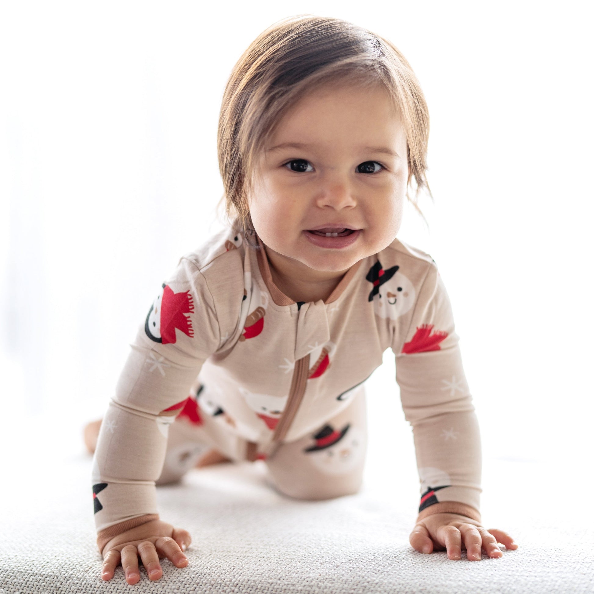 bamboo footies with two way zipper snow faces print