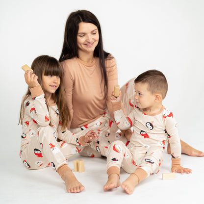 bamboo long sleeve pajama set snowy faces print