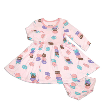 bamboo long sleeve twirl dress macaron party print