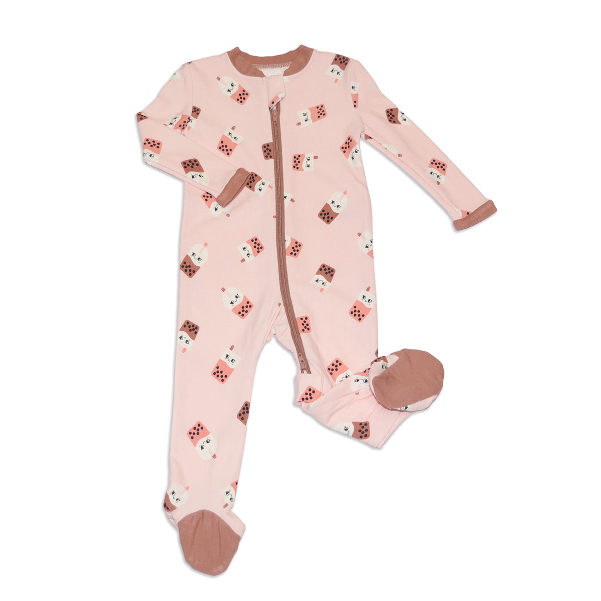 bamboo fleece footies with two way zipper bubble tea time print