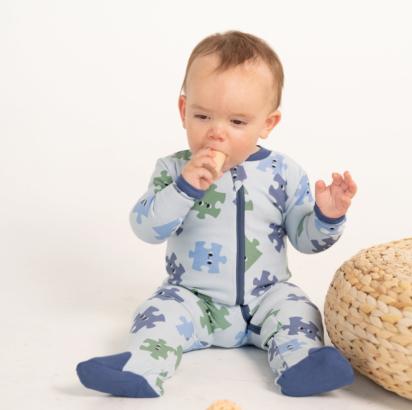 bamboo fleece footies with two way zipper puzzle pals print
