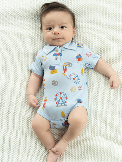 bamboo short sleeve polo onesie funland print