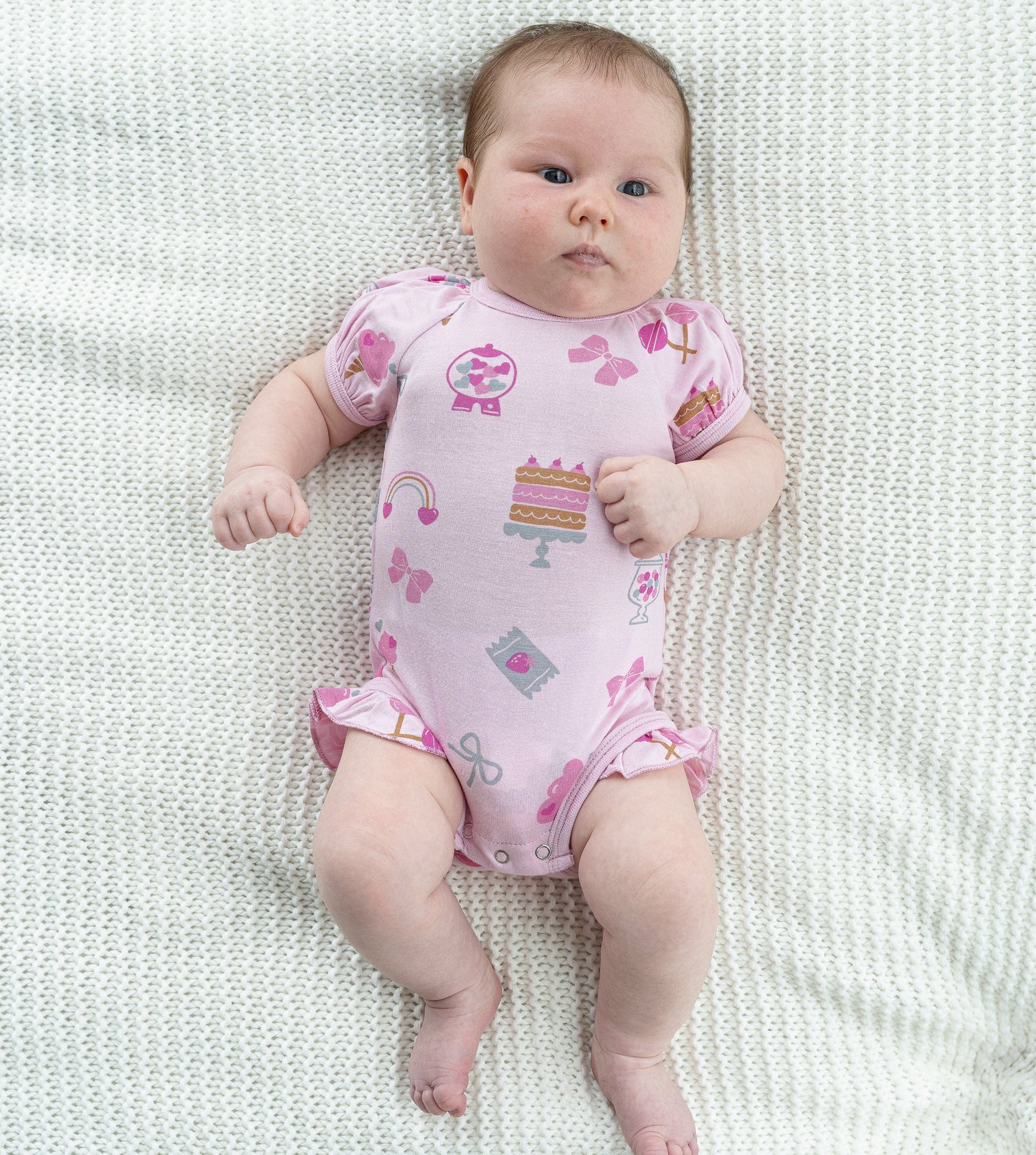 bamboo ruffle onesie sweet shop print