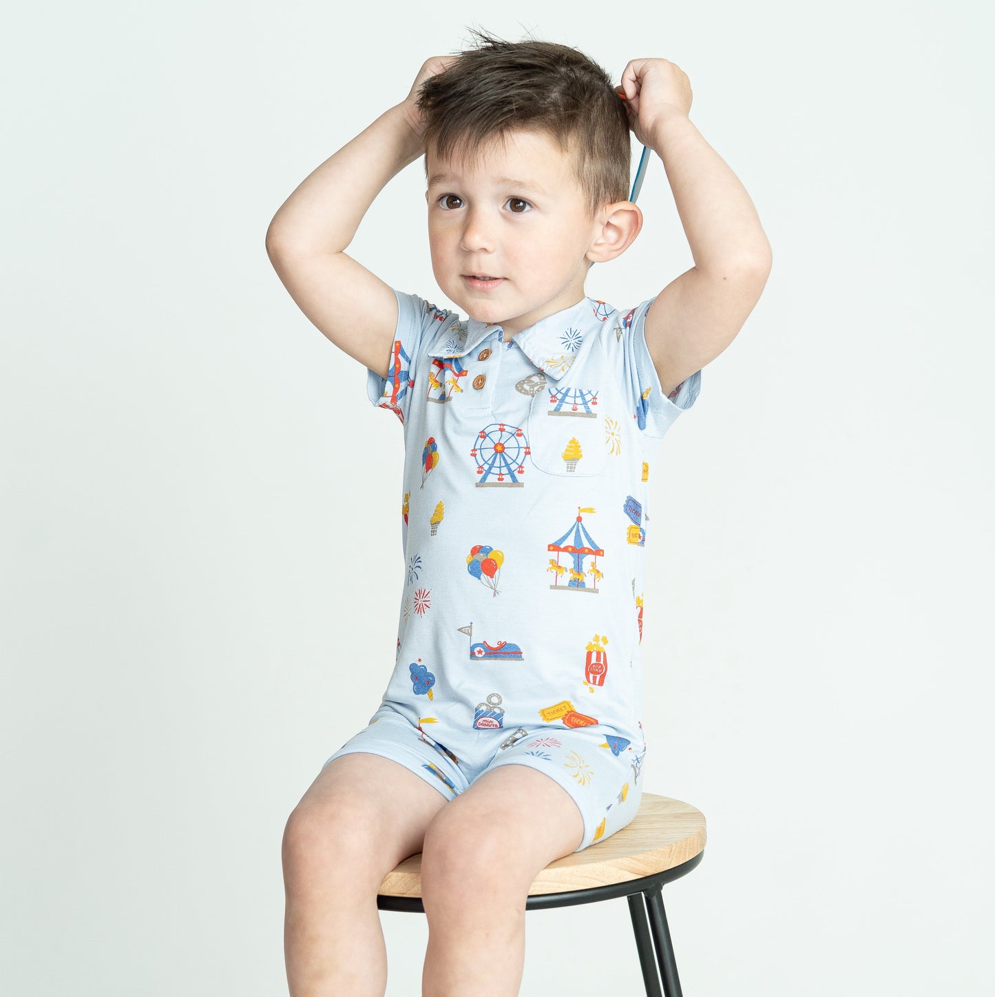 bamboo short sleeve polo romper funland print
