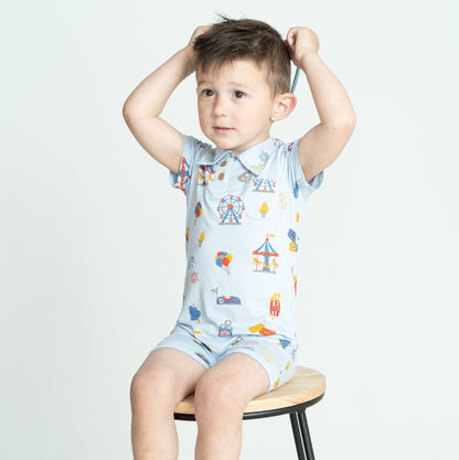 bamboo short sleeve polo romper funland print