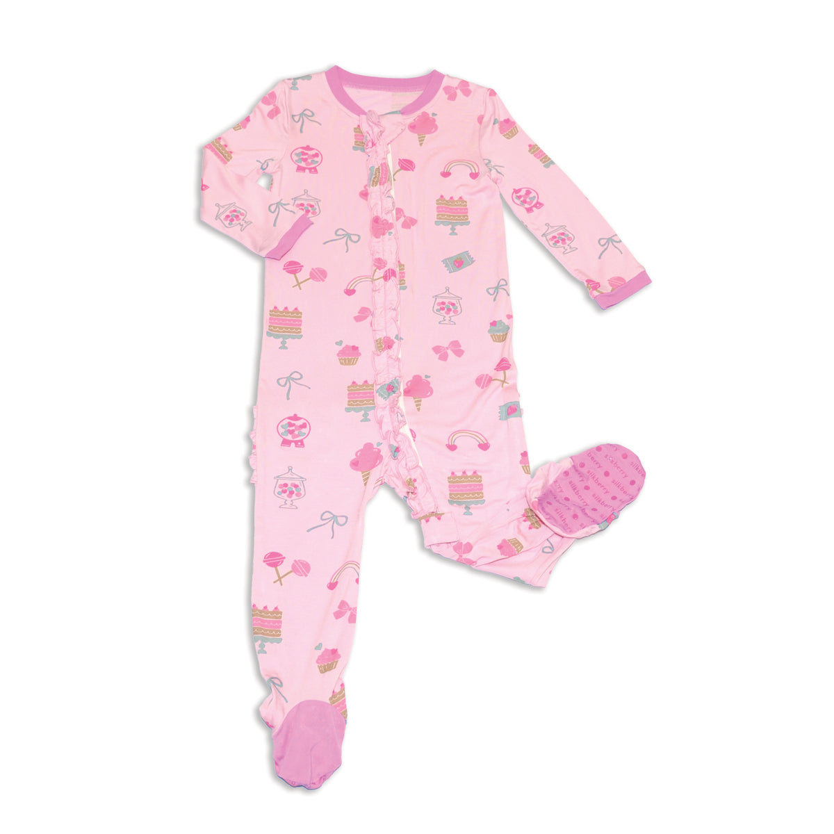 bamboo ruffle footies sweet shop print