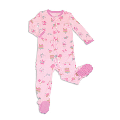 bamboo ruffle footies sweet shop print