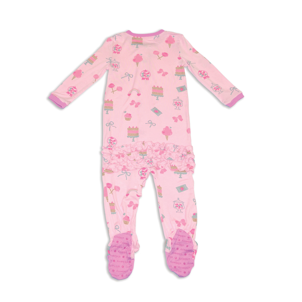 bamboo ruffle footies sweet shop print