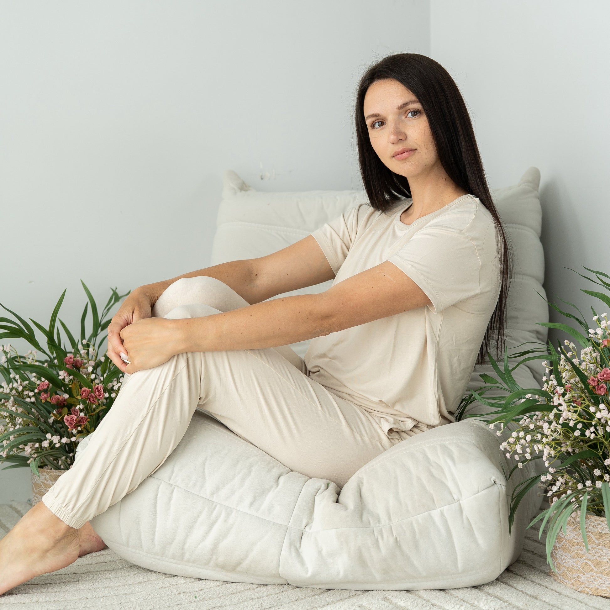 Women's Bamboo Short Sleeve Loungewear Set (Almond Milk)