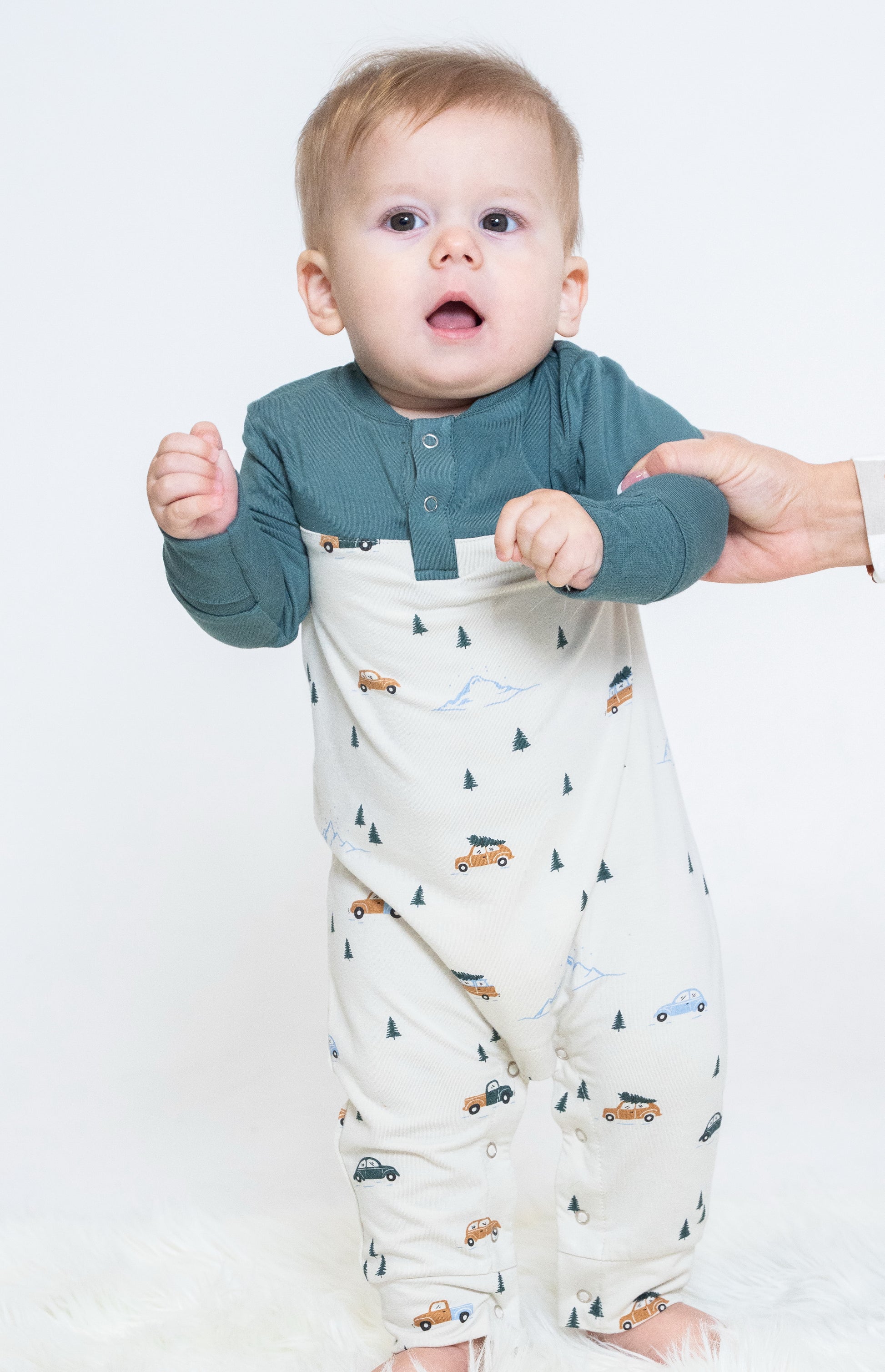 bamboo romper winter road trip print
